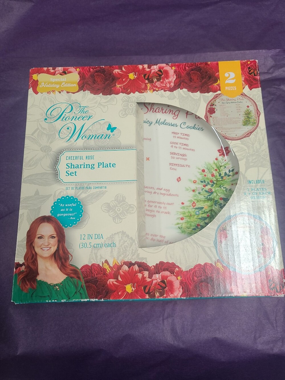 Pioneer Women Cheerful Rose 12 Inch Holiday Sharing Plates, Euc, In Original Box